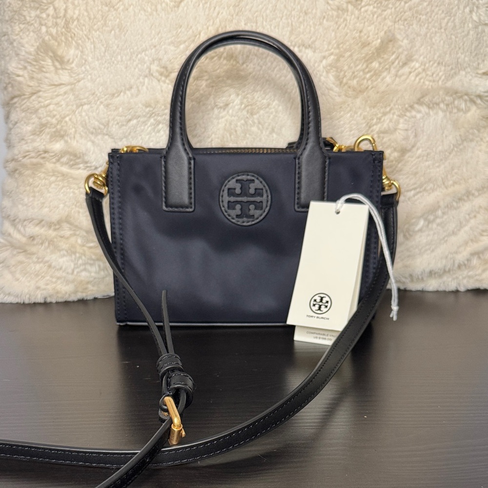 Tory Burch Ella Nylon Mini Tote in Black with Gold Accents
